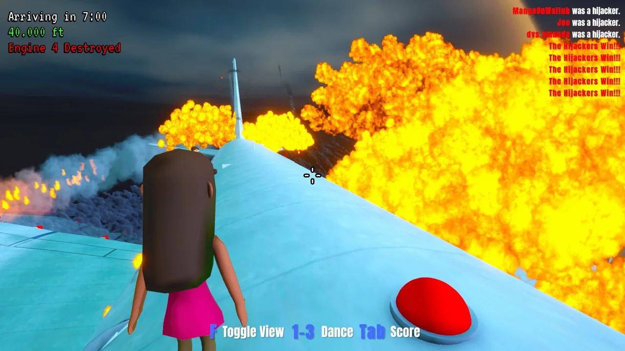 A character outside a plane surrounded by fire