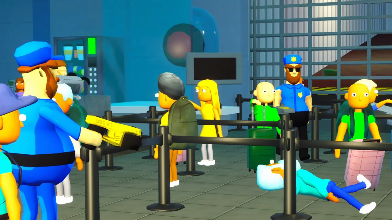 A TSA agent at a crowded security checkpoint
