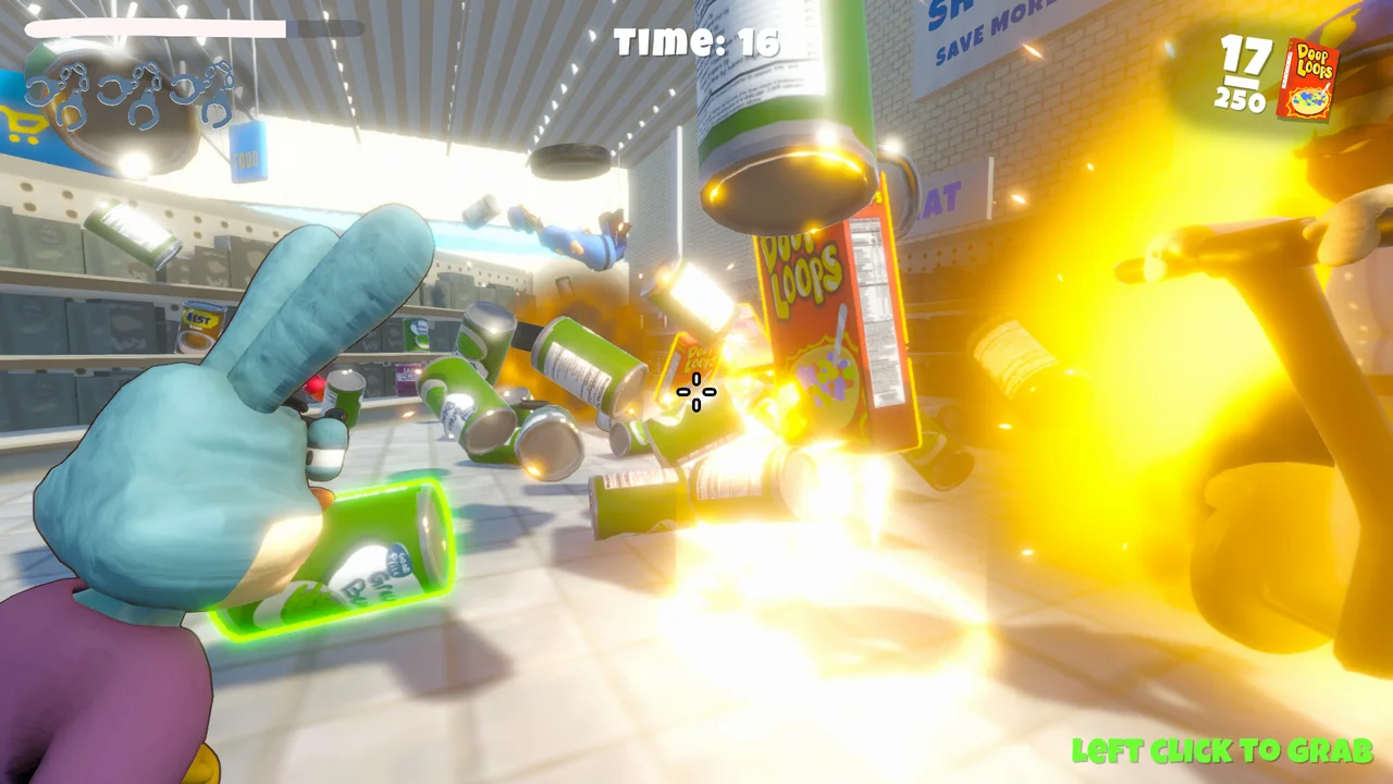 Loopy throwing groceries in a brightly lit supermarket battle