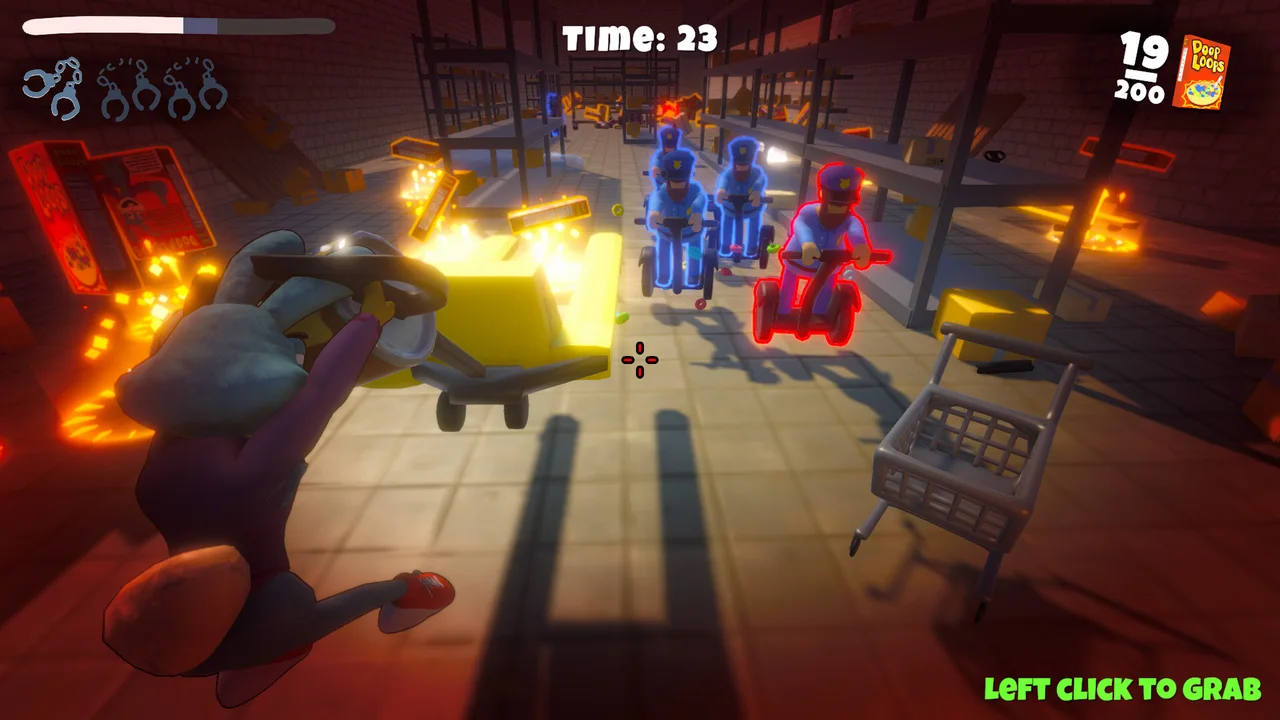 Loopy facing a line of mall cops in a fiery shop
