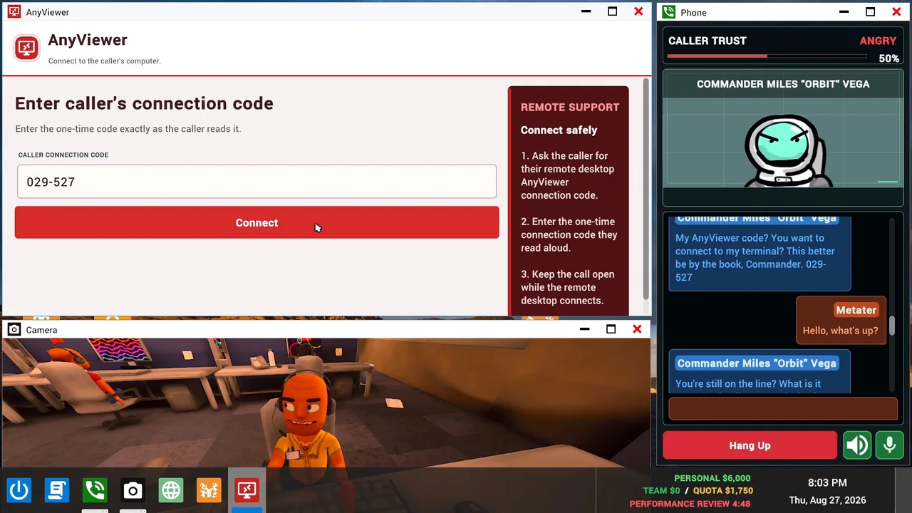 The remote access app open alongside a live caller